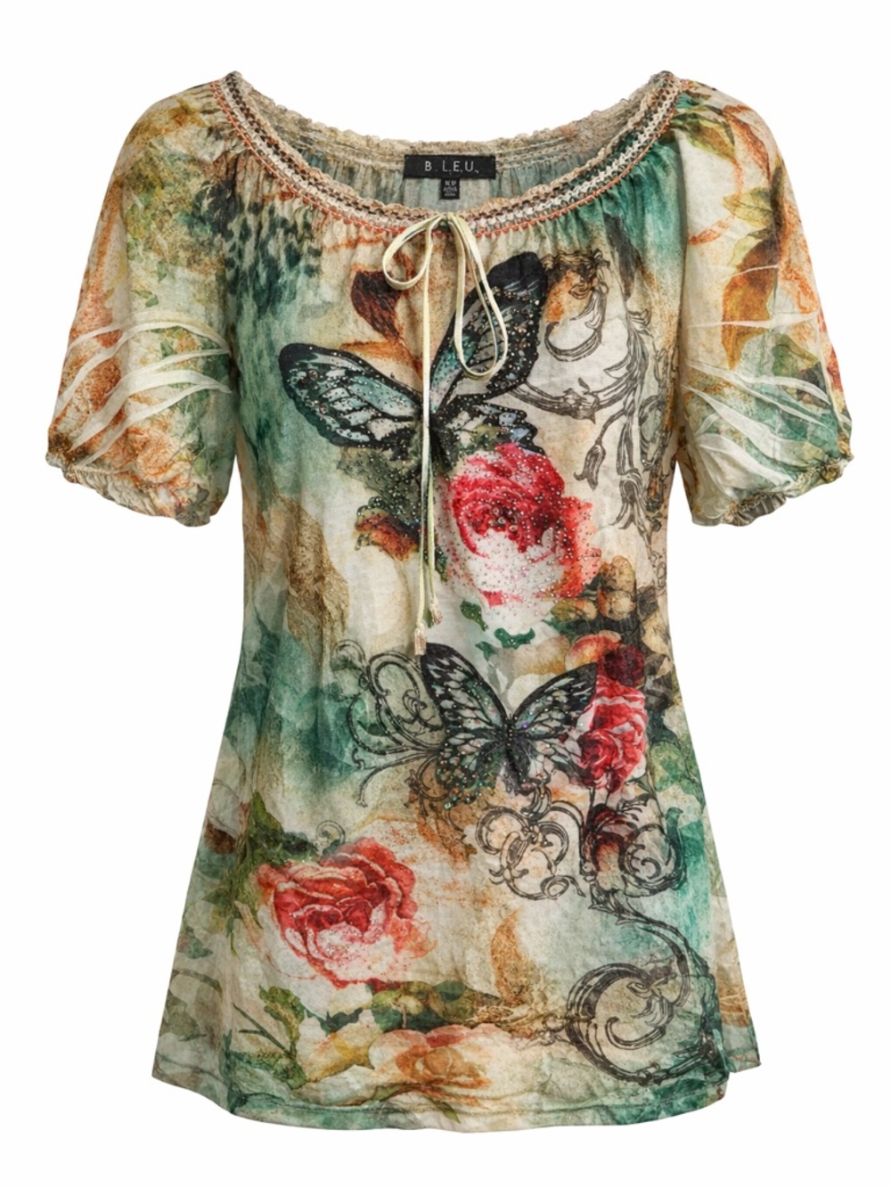 B.L.E.U Butterfly Floral Blouse Boho Cottagecore Whimsigoth Fairy Top M Y2K